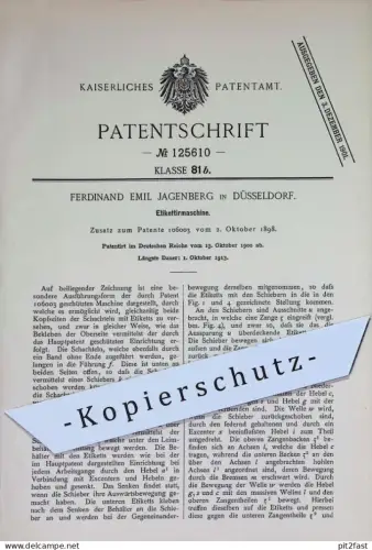 original Patent - Ferdinand Emil Jagenberg , Düsseldorf | 1900 | Etikettiermaschine | Etikett , Reklame , Etikettieren