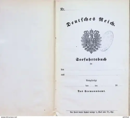 Seefahrtsbuch - Deutsches Reich , 1872 , blanko , Ausweis , Seefahrt , Schifffahrt , Schiffe , kaiserliche Marine !!