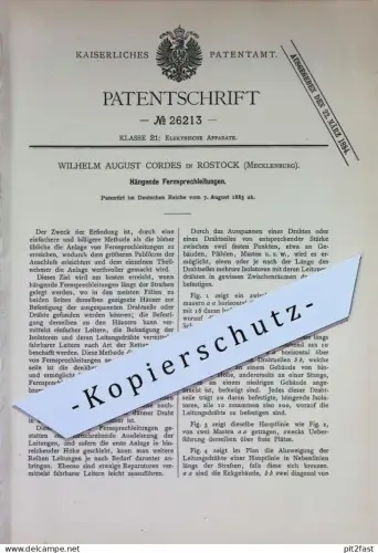 original Patent -  Wilhelm August Cordes , Rostock , Mecklenburg | 1883 | Hängende Fernsprechleitungen | Fernsprecher