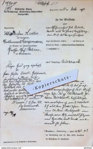 Strafsache - Johann Stöckhardt in Hagenow , 1890 , Kirch Jesar , Huther , Friedrich Fentzahn , Pahren , altes Dokument !