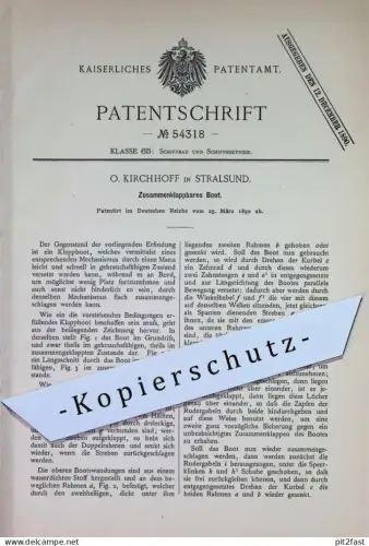 original Patent - O. Kirchhoff , Stralsund | 1890 | Zusammenklappbares Boot | Boote , Schiff , Schiffe , Schiffbau