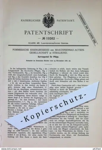 original Patent - Pommersche Eisengießerei & Maschinenbau AG Stralsund | 1881 | Karrengestell für Pflüge | Pflug Karre