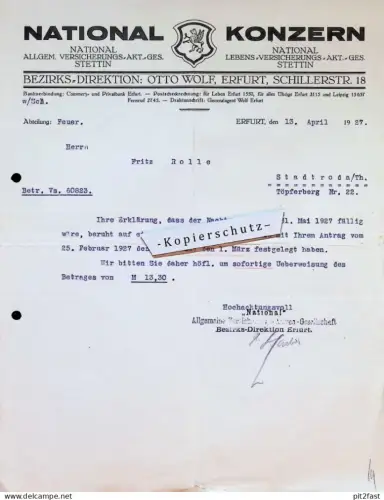 National Konzern - Otto Wolf in Erfurt , 1927 , Fritz Rolle in Stadtroda , Stettin , Versicherung , Reklame , Werbung