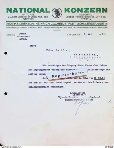 National Konzern - Erich Zacher in Erfurt , 1927 , Fritz Rolle in Stadtroda , Stettin , Versicherung , Reklame , Werbung