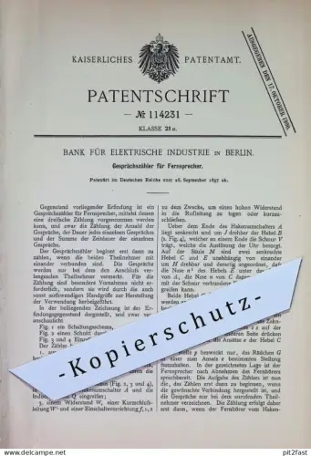 original Patent - Bank für Elektrische Industrie , Berlin | 1897 | Gesprächszähler für Fernsprecher | Telefon telegraphy