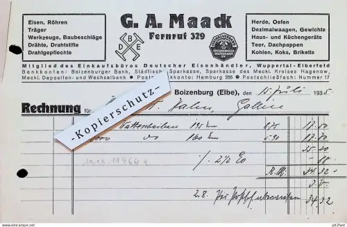 Eisenwaren - G.A. Maack in Boizenburg a. Elbe i. Mecklenburg , 1935 , Rechnung mit Reklame / Werbung !!