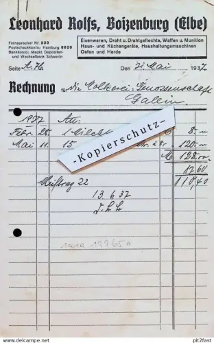 Waffen und Munition - Leonhard Rolfs in Boizenburg a. Elbe i. Mecklenburg , 1937 , Rechnung mit Reklame / Werbung !!