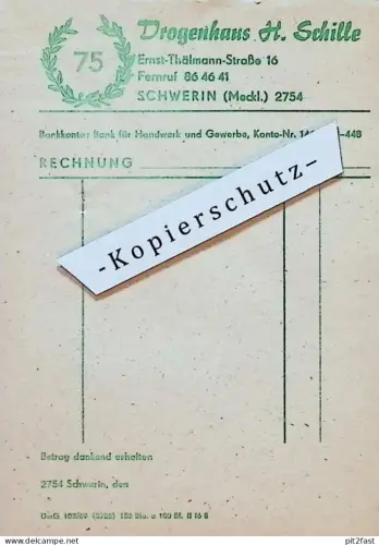 Drogenhaus H. Schille in Schwerin i. Mecklenburg , ca. 1970 , Drogerie , Rechnung mit Reklame / Werbung !!