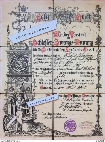 Lehrbrief - Martin Homberg in Cassel / Kassel , 1909 , Schlosser-Zwangs-Innung , Carl Böhme , altes Dokument t!!