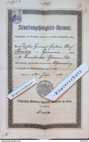 Staatsangehörigkeits-Ausweis , 1904 , Tischler Heinrich Benedix in Hannover , Schwerin Mecklenburg , altes Dokument t!!