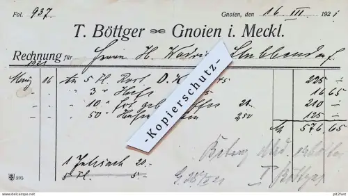 T. Böttger in Gnoien , 1921 , H. Wodrig in Stubbendorf , Mecklenburg , altes Dokument t!!