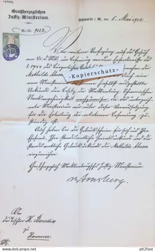 Justiz-Ministerium Schwerin , 1904 , Mathilde Ahrens , Urkunde , Mecklenburg , H. Benedix in Hannover !!