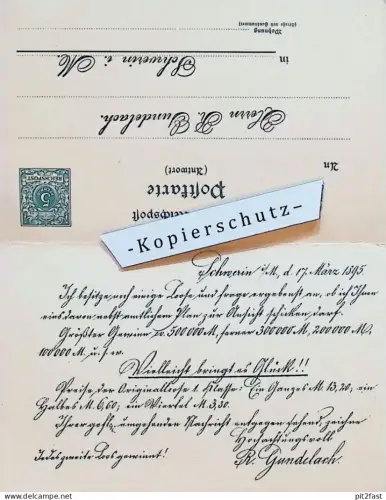 R. Gundelach - Lotterie in Schwerin , 1895 , Bäckermeister Hermann Schrag in Göppingen !!