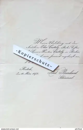 Ferdinand Burchard in Schöninsel b. Güstrow , 1872 , Verlobung von Elise Casteely in Berlin , Rostock , Dokument !!
