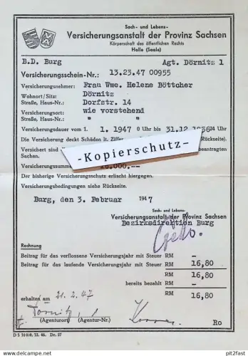 Versicherung - Gemeinde Dörnitz b. Möckern / Burg , 1947 , Helene Böttcher , Dokument !!