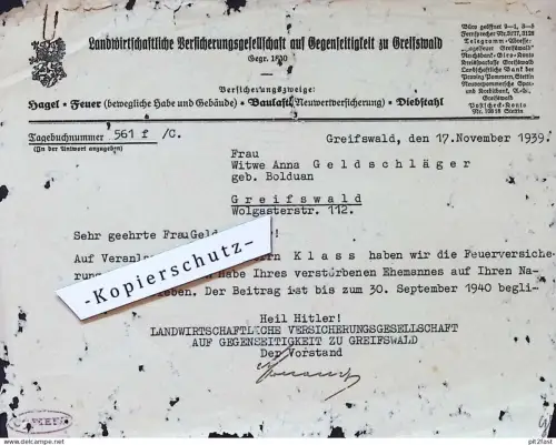 Versicherung Greifswald , 1939 , Anna Geldschläger geb. Bolduan ,  Dokument , Mecklenburg !!