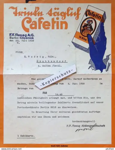 Trinkt täglich CAFETIN , 1928 , F.F. Resag AG in Berlin , H. Wodrig in Stubbendorf i. Mecklenburg , Dokument , Reklame !