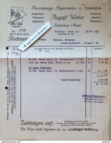 Papier- und Tütenfabrik Fürstenberg i. Mecklenburg , 1932 , A. Weber , Bäcker Möller in Schwerin , Dokument !!