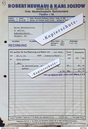 1. Meckl. Backofenfabrik - Neuhaus & Soltow in Parchim i. Mecklenburg , 1933 , Bäcker Möller in Schwerin , Dokument !!