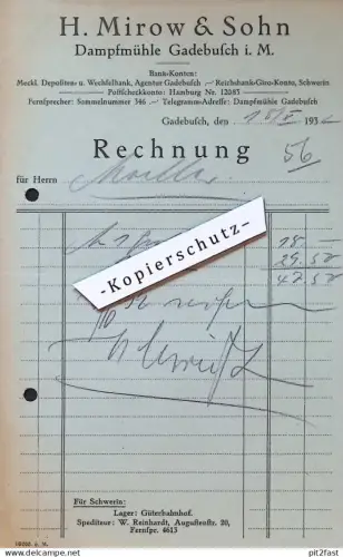 Dampfmühle - H. Mirow & Sohn in Gadebusch i. Mecklenburg , 1932 , Bäcker Möller in Schwerin , altes Dokument !!