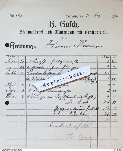 Wagenbau - H. Gosch in Zarrentin i. Mecklenburg , 1932 , Herr Kramer , altes Dokument !!