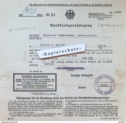 Rundfunkgenehmigung - Heinrich Schmedemann in Ueltz b. Rastow , 1935 , Postamt Ludwigslust i. Mecklenburg !!