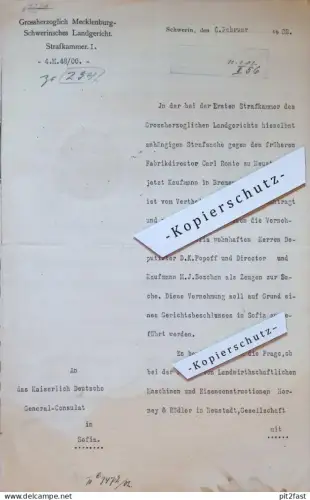Waggon Fabrik Horney & Röder in Neustadt , 1902 , Betrug ,M. Boschan , Konsulat in Sofia , Schwerin , Akte , Mecklenburg