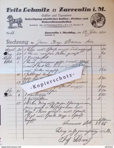 Sattler und Tapezierer - Fritz Lehmitz in Zarrentin i.M., 1930 , altes Dokument , Mecklenburg !!