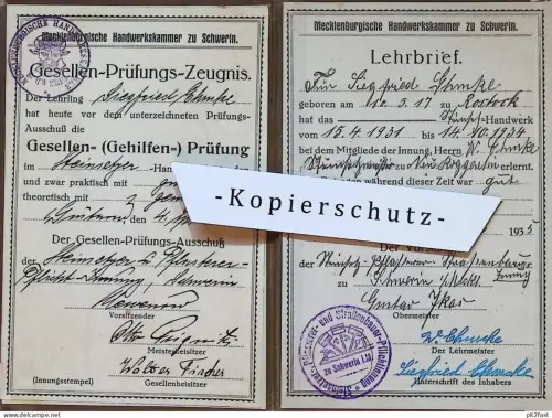 Lehrbrief , Siegfried Ehmke als Steinsetzer in Güstrow , 1935 , Neu Roggentin , Innung Schwerin , Rostock , Mecklenburg