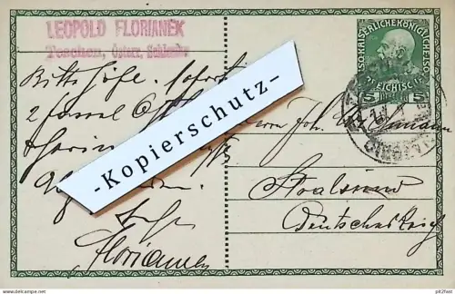 Leopold Florianek in Teschen / Cieszyn , 1912 , Stempel , Reklame / Werbung , Postkarte J. Wichmann Stralsund