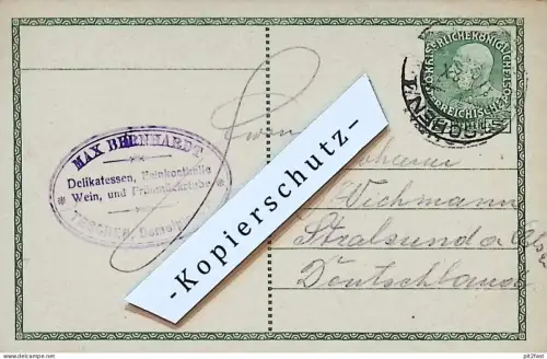 Delikatessen - Max Bernhardt in Teschen / Cieszyn , 1912 , Stempel , Reklame / Werbung , Postkarte J. Wichmann Stralsund
