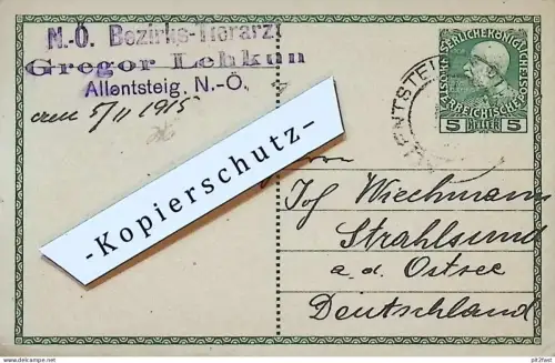 Tierarzt - Gregor Lehkun in Allensteig b. Zwettl , 1915 , Stempel , Reklame / Werbung , Postkarte J. Wichmann Stralsund