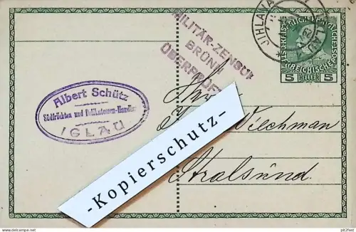 Albert Schütz in Iglau / Jihlava  , 1915 , Militär Zensur Stempel , Reklame / Werbung , Postkarte J. Wichmann Stralsund