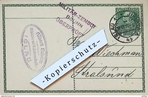 Albert Schütz in Iglau / Jihlava  , 1914 , Militär Zensur Stempel , Reklame / Werbung , Postkarte J. Wichmann Stralsund
