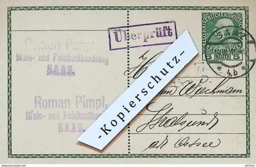 Weinhandel - Roman Pimpl in Saaz / Žatec  , 1915 , Stempel , Reklame / Werbung , Postkarte J. Wichmann Stralsund