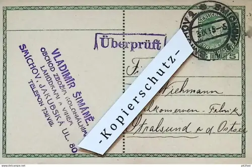 Vladimir Simane in Smichow b. Prag , 1915 , Stempel , Reklame / Werbung , Postkarte J. Wichmann Stralsund