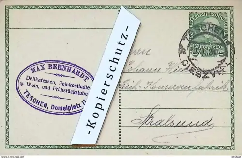Delikatessen - Max Bernhardt in Teschen / Cieszyn , 1912 , Stempel , Reklame / Werbung , Postkarte J. Wichmann Stralsund
