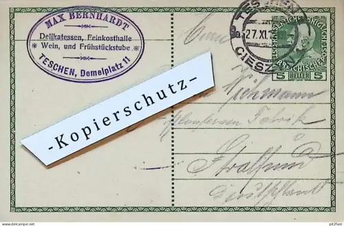 Delikatessen - Max Bernhardt in Teschen / Cieszyn , 1912 , Stempel , Reklame / Werbung , Postkarte J. Wichmann Stralsund