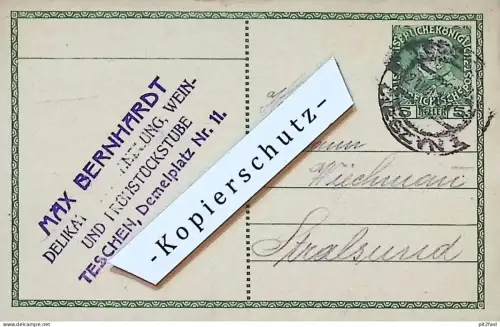 Delikatessen - Max Bernhardt in Teschen / Cieszyn , 1912 , Stempel , Reklame / Werbung , Postkarte J. Wichmann Stralsund