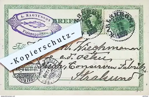 Fiskesport - A. Magnusson in Karlskrona , 1899 , Stempel , Reklame / Werbung , Postkarte J. Wichmann Stralsund