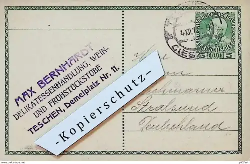 Delikatessen - Max Bernhardt in Teschen / Cieszyn , 1912 , Stempel , Reklame / Werbung , Postkarte J. Wichmann Stralsund
