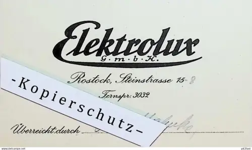 alte Visitenkarte - Elektrolux GmbH , Otto Mahnke in Rostock , Steinstrasse , 'ca. 1930 , Reklame / Werbung !!