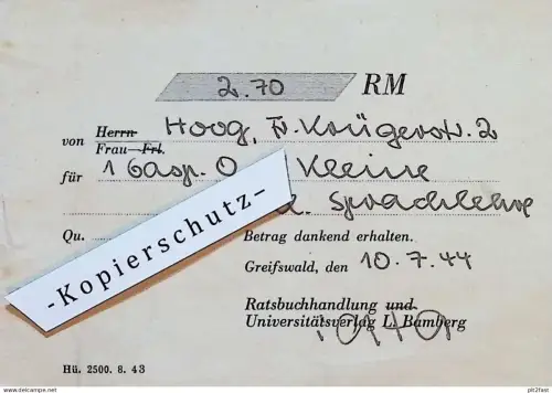 Quittung - Frau Hoog in Greifswald i. Mecklenburg , 1944 , Buchhandlung L. Bamberg , Reklame / Werbung !!