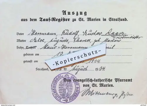 Herrmann Laarz - Kirche in Stralsund , 1934 , Else Marlow , Pastor Wittenberg , Kirchensiegel !!