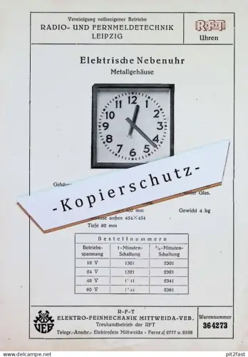 Elektrische Nebenuhr - RFT Mittweida - Reklame / Werbung , VEB Fernmeldetechnik Leipzig , Uhr , Uhren , Wecker !!