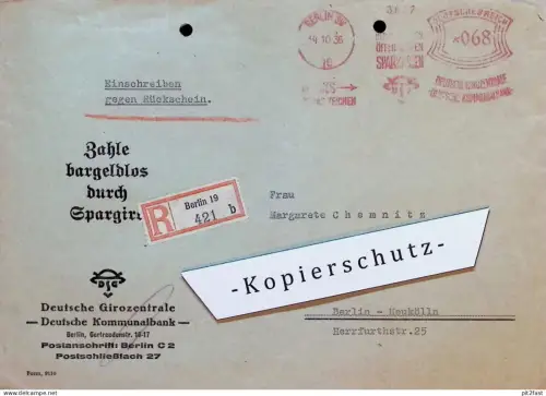 Deutsche Kommunalbank Berlin - Girozentrale , 1936 , Spargiro , Sparkasse , Bank , Siegelmarke , Umschlag , Chemnitz !!