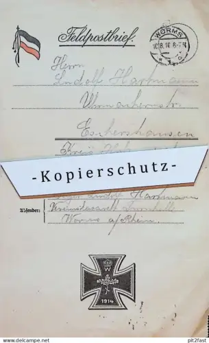 schöne Feldpost 1916 - Eschershausen b. Holzminden , Lazarett Turnhalle in Worms , EK !!