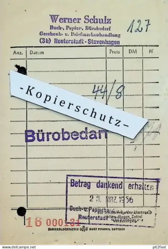 Bürobedarf - Werner Schulz in Stavenhagen , 1956 , Briefmarken , altes Dokument , Mecklenburg !!