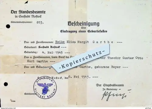 Theodor Garthe in Rostock , 1943 , Else Garthe geb. Beyer , Stempel , Kirche , Standesamt , Mecklenburg !!