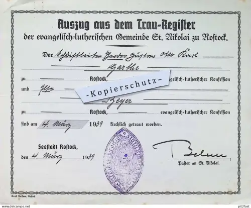 Theodor Garthe in Rostock , 1939 , Else Beyer , Stempel , Kirche , Pastor , St. Nikolai , Mecklenburg !!